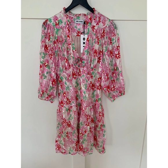 RIXO Dresses & Skirts - Rixo Devi Mini Dress in Pink Small Floral Long Sleeve Ruffle Deep V-Neck Party